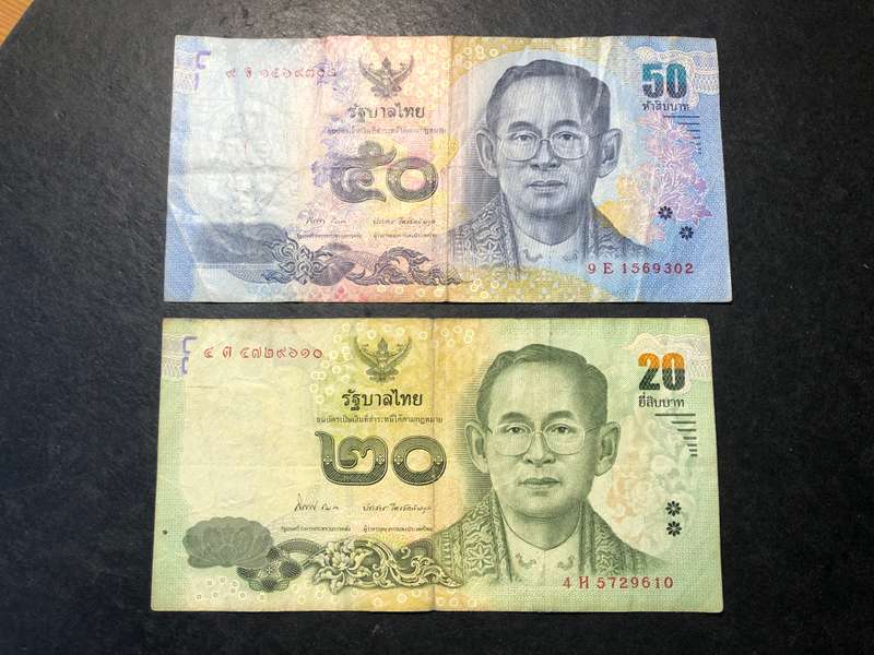 Pair of Modern Thai banknotes - 20 baht and 50 baht - King Rama IX