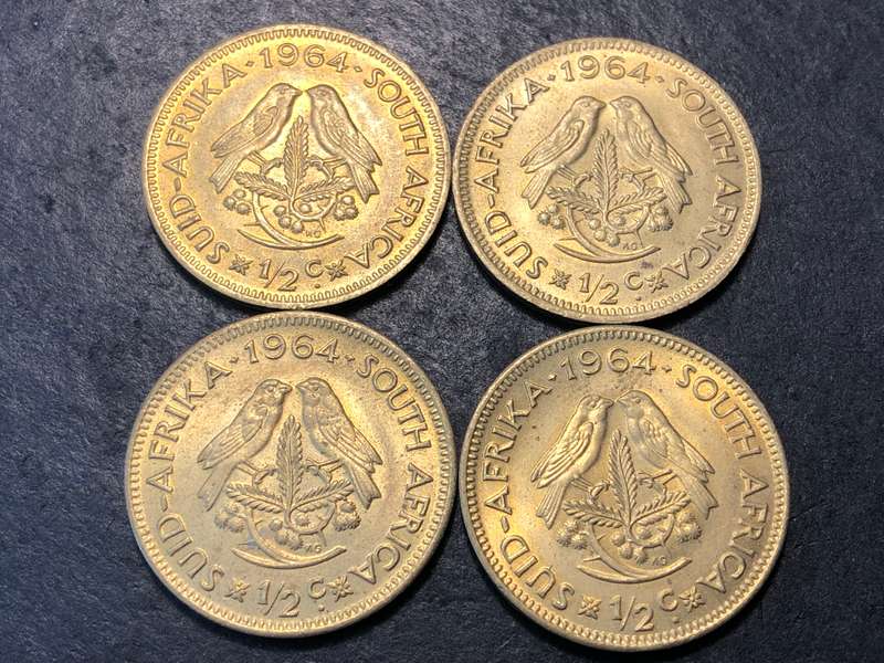 Lot of 4 High grade 1964 South African 1/2 cent coins
