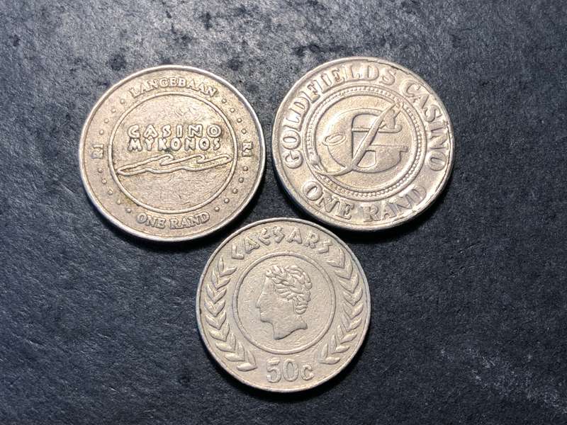 Lot of 3x South African Casino tokens - 2x One Rand tokens and one 50 cent token