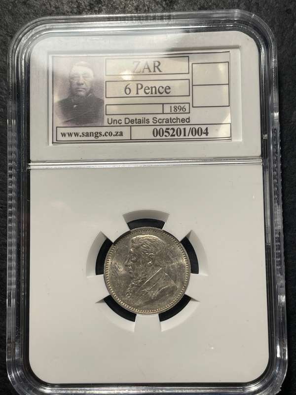 ZAR Silver 1896 Six pence (6d) coin - SANGS graded Unc details scratched
