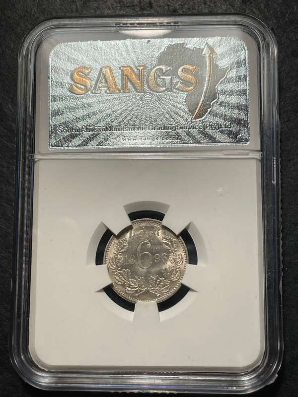 ZAR Silver 1896 Six pence (6d) coin - SANGS graded Unc details scratched