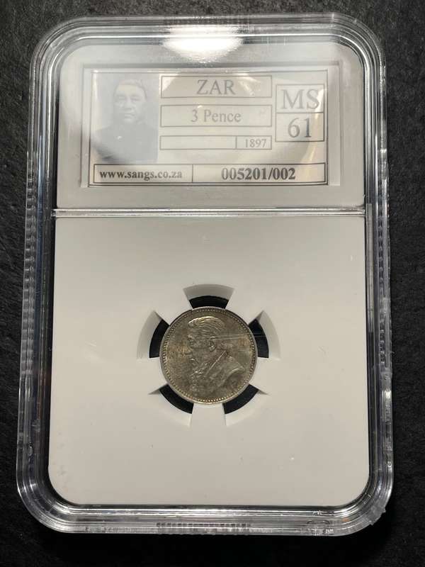 ZAR Silver 1897 Tickey (3 pence) coin - SANGS graded MS61!