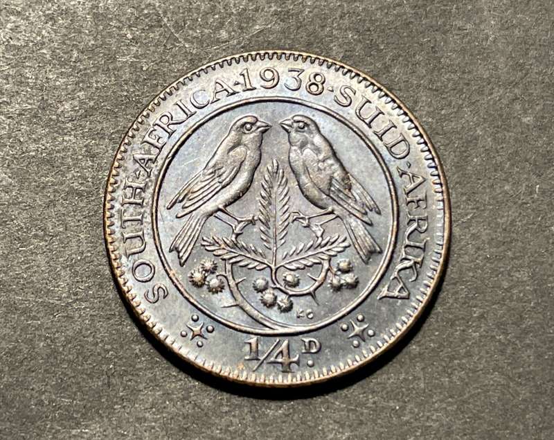 Beautiful 1938 SA Union 1/4 penny coin in AU+ - Scarce date