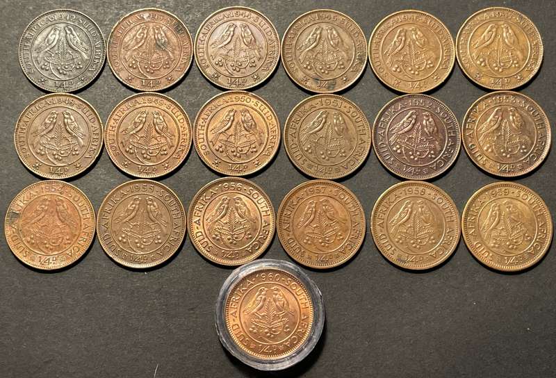 Complete set of SA Union 1/4 penny coins from 1942 to 1960