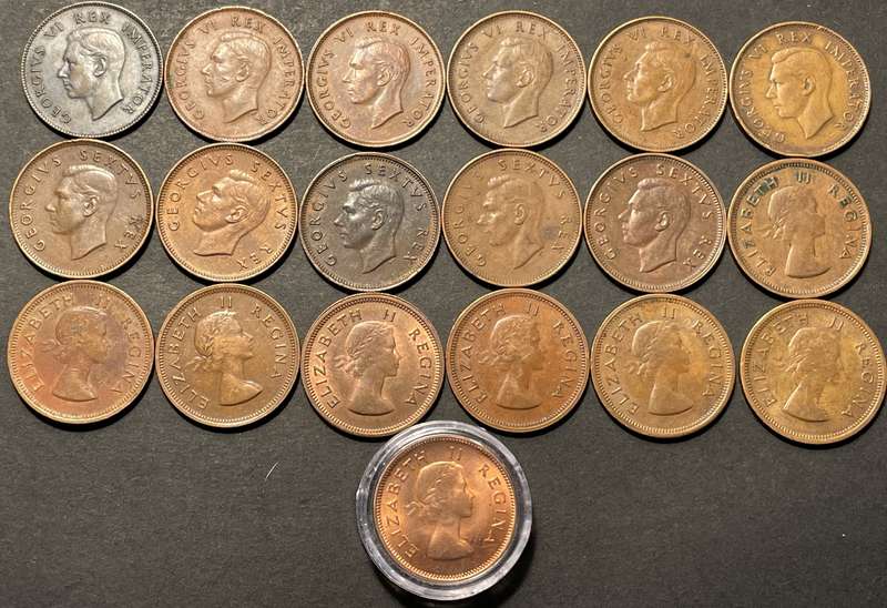 Complete set of SA Union 1/4 penny coins from 1942 to 1960