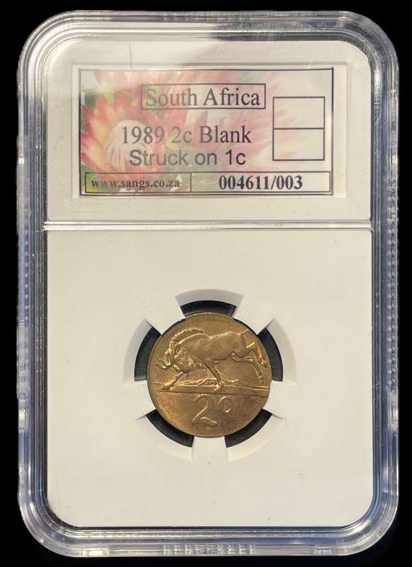 Error 1989 RSA 2 cent struck on a 1 cent planchet - SANGS Graded