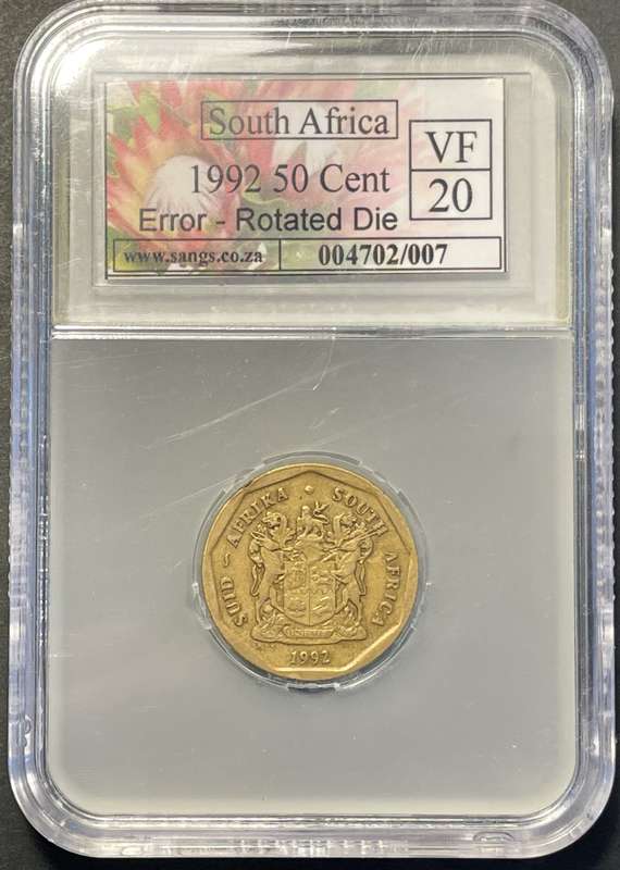 Error 1992 RSA 50 cent with a major Rotated die error - SANGS Graded