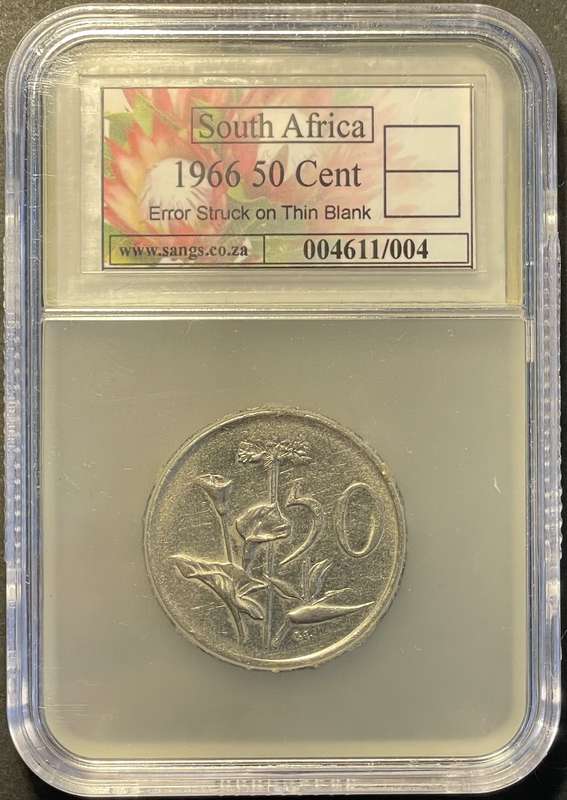 Rare Error 1966 RSA 50 cent struck on thin blank - SANGS graded