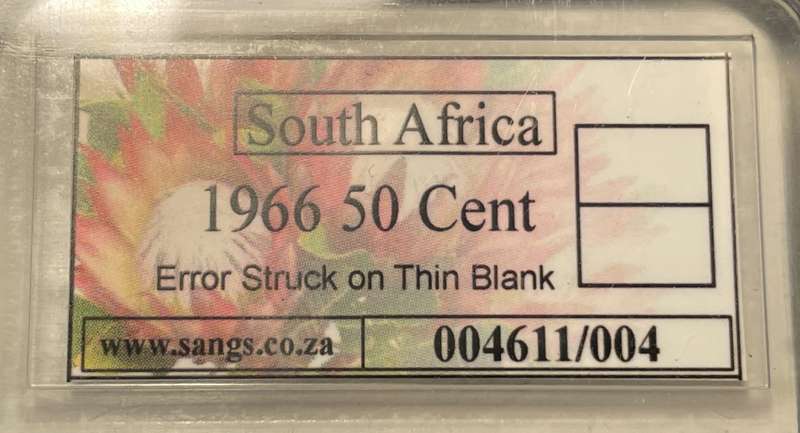 Rare Error 1966 RSA 50 cent struck on thin blank - SANGS graded