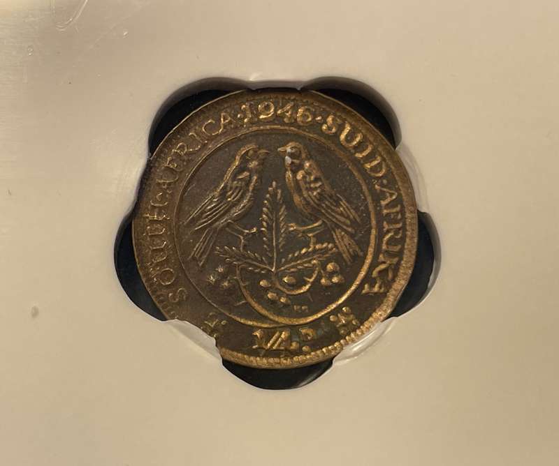 Very Rare Error 1946 SA Union 1/4 penny coin with an "Extreme Pressure Error" - SANGS Graded