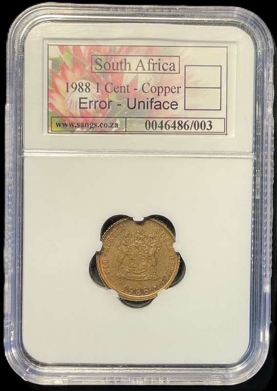Very Rare Uniface Error 1988 RSA 1 cent coin - AU/UNC Condition - SANGS Graded