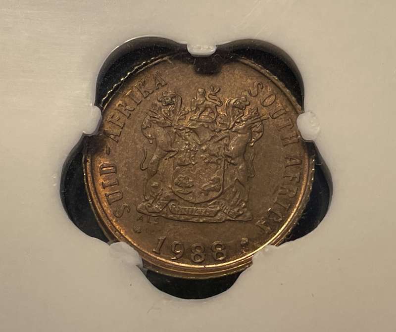 Very Rare Uniface Error 1988 RSA 1 cent coin - AU/UNC Condition - SANGS Graded