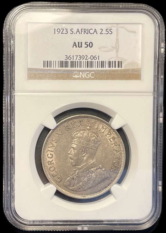 Scarce 1923 SA Union silver 2 ½ shillings coin graded AU50 by NGC