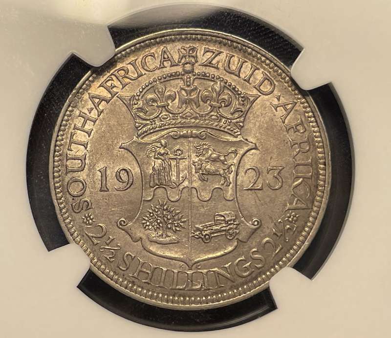 Scarce 1923 SA Union silver 2 ½ shillings coin graded AU50 by NGC