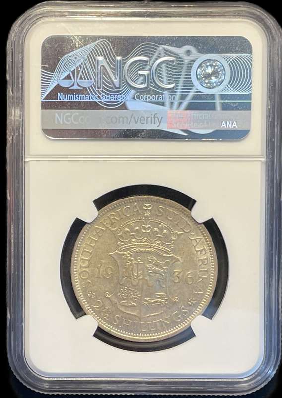 Scarce 1936 SA Union silver 2 ½ shillings coin graded AU58 by NGC - Catalogue value is R10,000