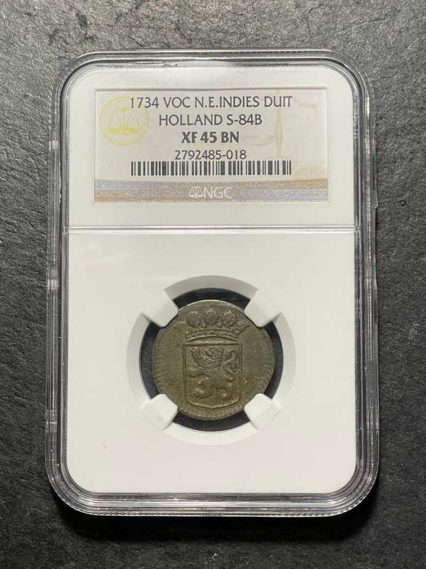 Very Nice with original surfaces 1734 Bronze VOC duit - NGC graded XF45 BN - Rotated die error