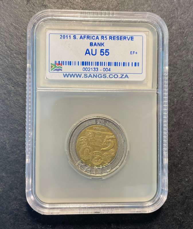 SANGS graded 2011 South African Reserve Bank 90th anniversary R5 coin - AU55