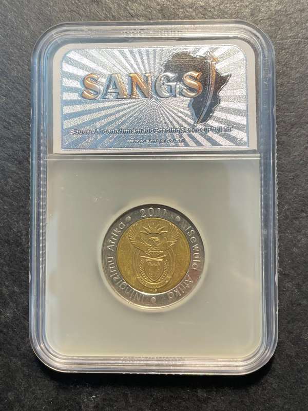 SANGS graded 2011 South African Reserve Bank 90th anniversary R5 coin - AU55