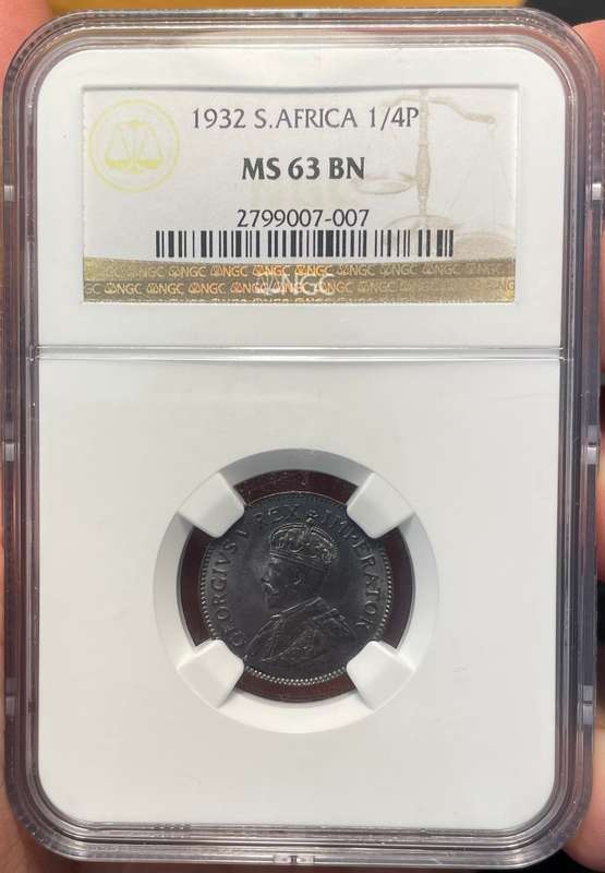 Obsidian-black finish 1932 Bronze farthing (1/4 penny) coin - NGC graded MS63 BN