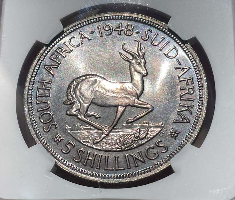 Gunmetal toning 1948 SILVER 5 shillings (crown) coin - NGC graded PF64 - Only 1,120 minted!