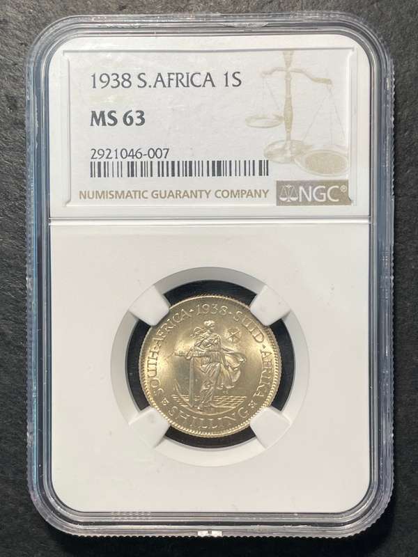 Lustrous 1938 Silver 1 shilling (1/-) coin - NGC graded MS63 - Only 14 graded better at NGC