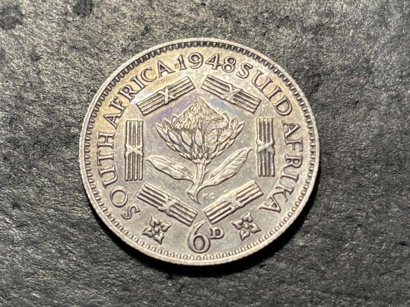 SILVER 1948 King George VI South African 6 pence (6d) coin