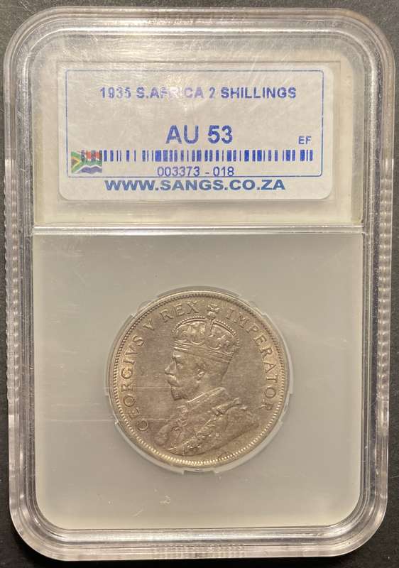 Scarce 1935 SA Union silver 2 shilling coin Graded AU53 by SANGS - Catalogue value is R10,000