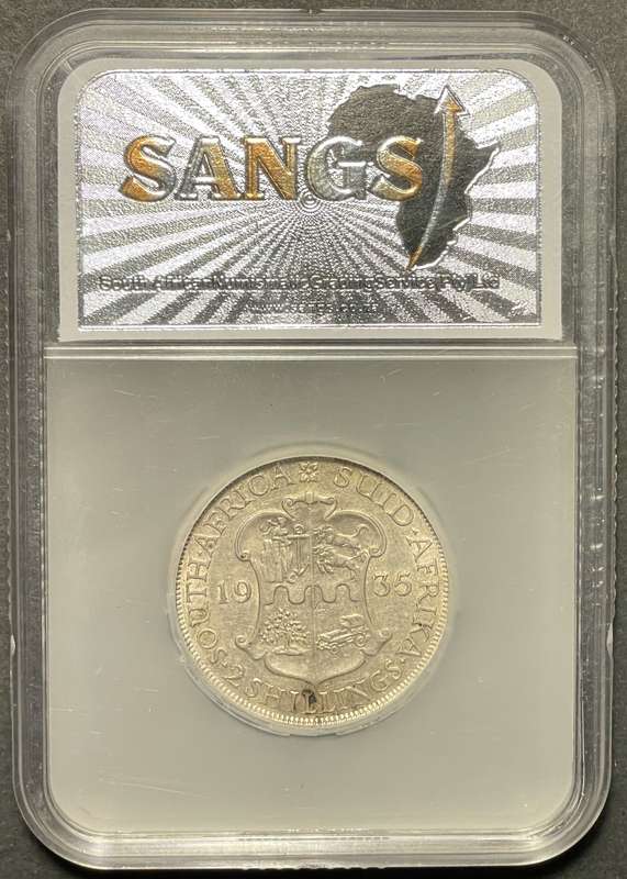 Scarce 1935 SA Union silver 2 shilling coin Graded AU53 by SANGS - Catalogue value is R10,000