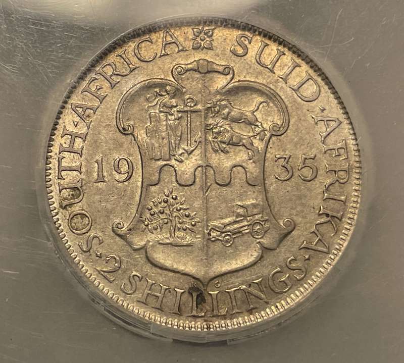 Scarce 1935 SA Union silver 2 shilling coin Graded AU53 by SANGS - Catalogue value is R10,000