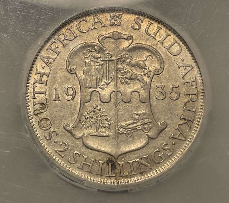 Scarce 1935 SA Union silver 2 shilling coin Graded AU53 by SANGS - Catalogue value is R10,000