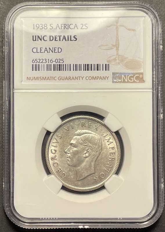RARE 1938 SA Union silver 2 shilling coin in UNC! - Graded UNC Det. by NGC - Catalogue value is R10K