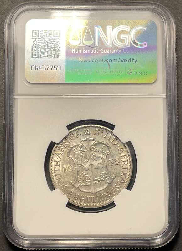 RARE 1938 SA Union silver 2 shilling coin in UNC! - Graded UNC Det. by NGC - Catalogue value is R10K