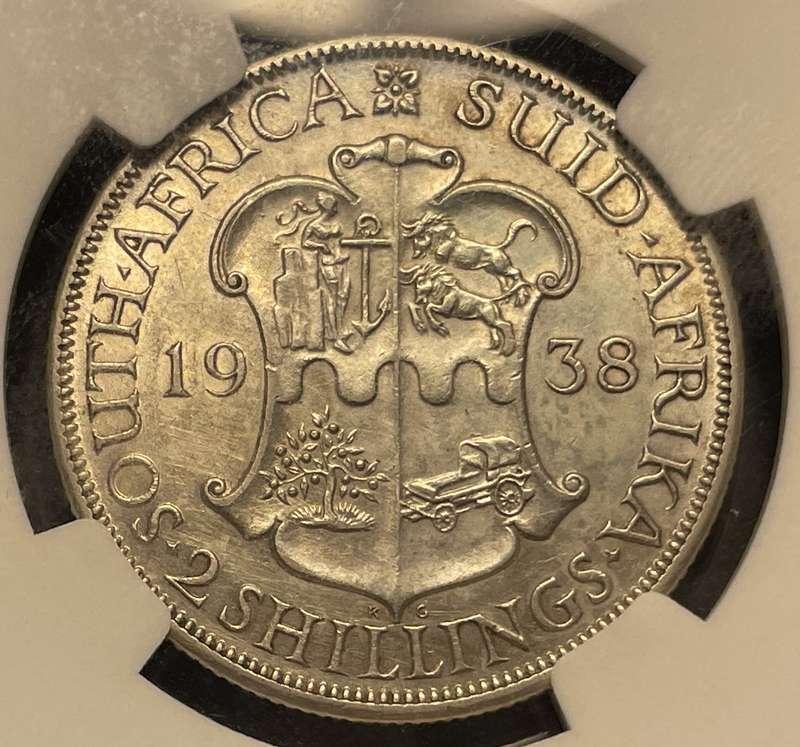 RARE 1938 SA Union silver 2 shilling coin in UNC! - Graded UNC Det. by NGC - Catalogue value is R10K