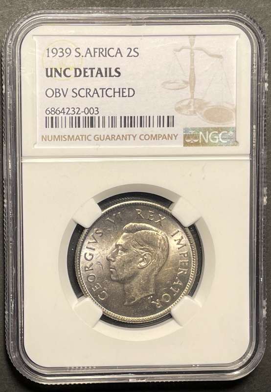 RARE 1939 SA Union silver 2 shilling coin in UNC! - Graded UNC Det. by NGC - Catalogue value is R10K