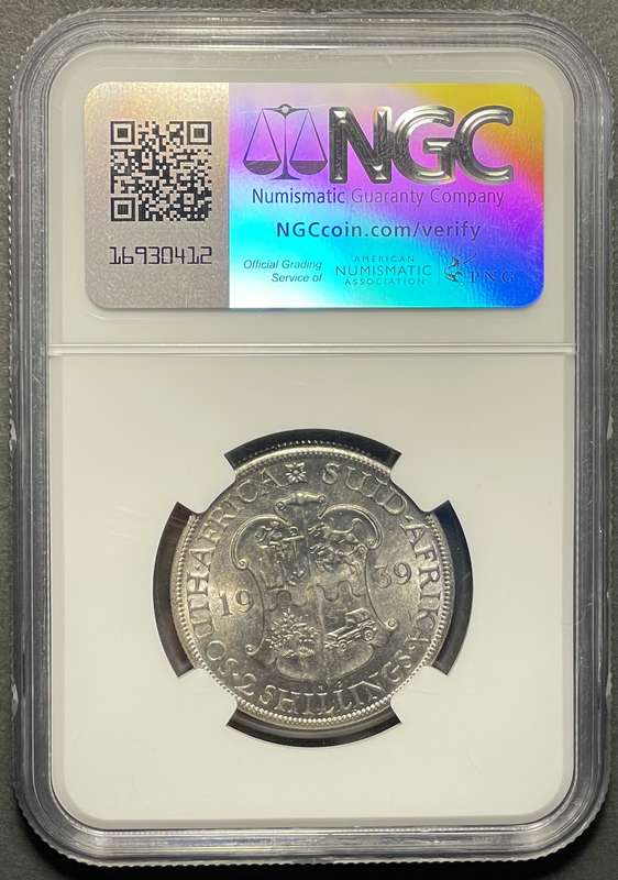 RARE 1939 SA Union silver 2 shilling coin in UNC! - Graded UNC Det. by NGC - Catalogue value is R10K
