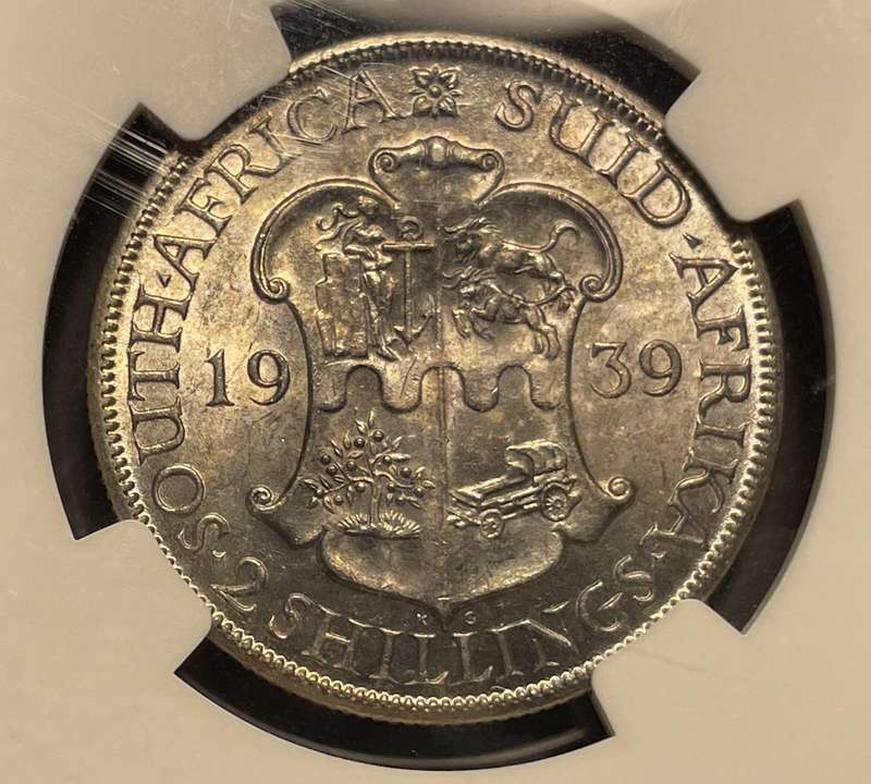 RARE 1939 SA Union silver 2 shilling coin in UNC! - Graded UNC Det. by NGC - Catalogue value is R10K