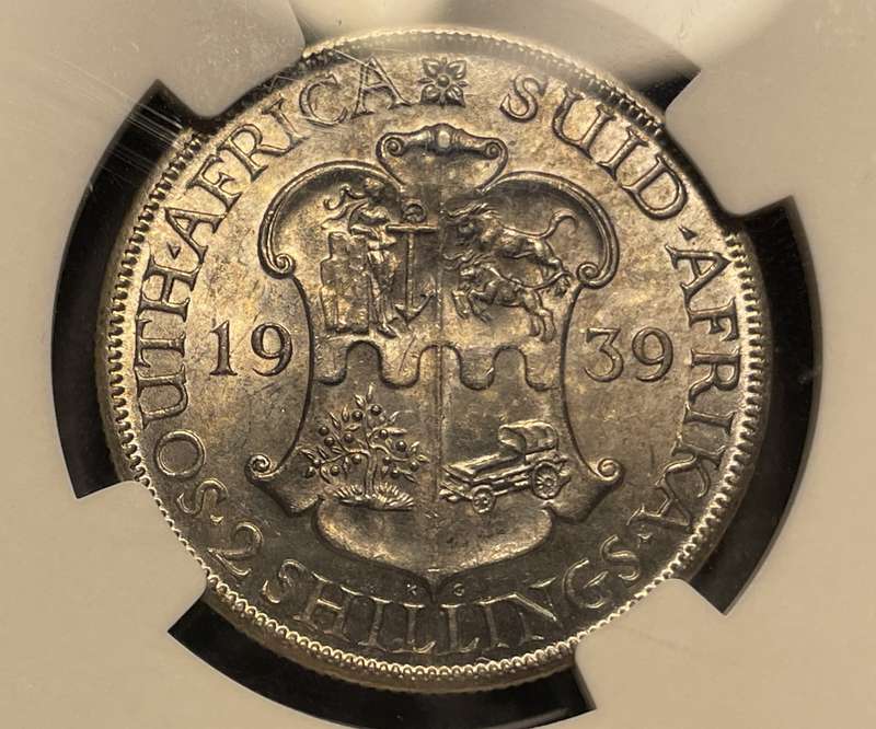 RARE 1939 SA Union silver 2 shilling coin in UNC! - Graded UNC Det. by NGC - Catalogue value is R10K