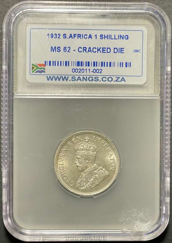 Rare MS 1932 SA Union silver shilling coin - Graded MS62 Cracked die by SANGS - High catalogue value