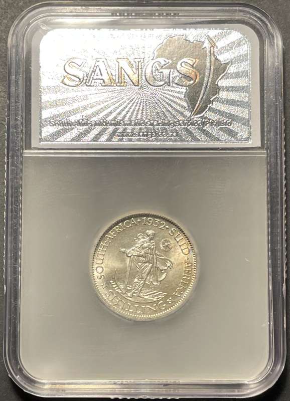 Rare MS 1932 SA Union silver shilling coin - Graded MS62 Cracked die by SANGS - High catalogue value