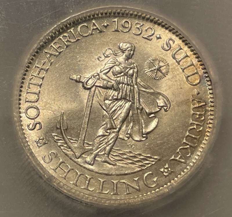 Rare MS 1932 SA Union silver shilling coin - Graded MS62 Cracked die by SANGS - High catalogue value