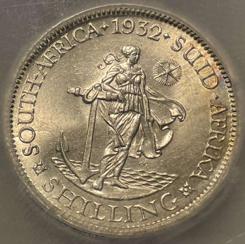 Rare MS 1932 SA Union silver shilling coin - Graded MS62 Cracked die by SANGS - High catalogue value