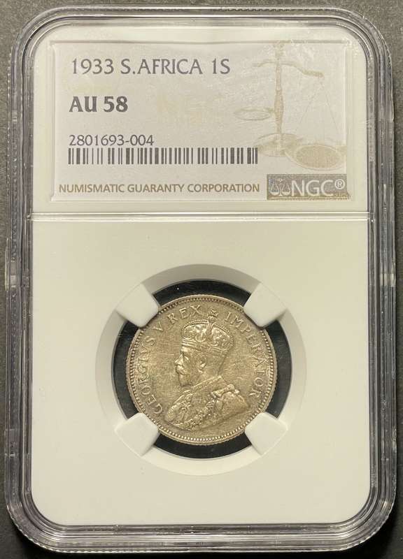 Scarcer 1933 SA Union silver shilling coin - Graded AU58 by NGC - Higher catalogue value