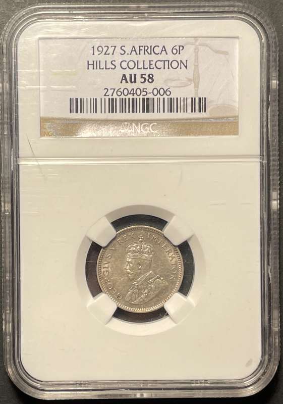 Scarce 1927 SA Union silver 6 pence coin - Graded AU58 by NGC - Rainbow toning - Higher value