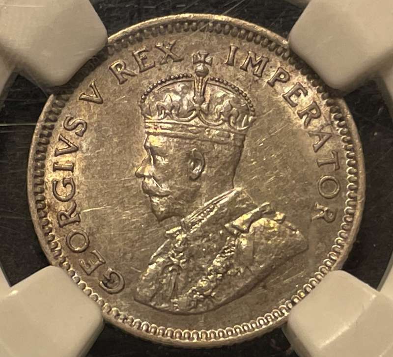 Scarce 1927 SA Union silver 6 pence coin - Graded AU58 by NGC - Rainbow toning - Higher value