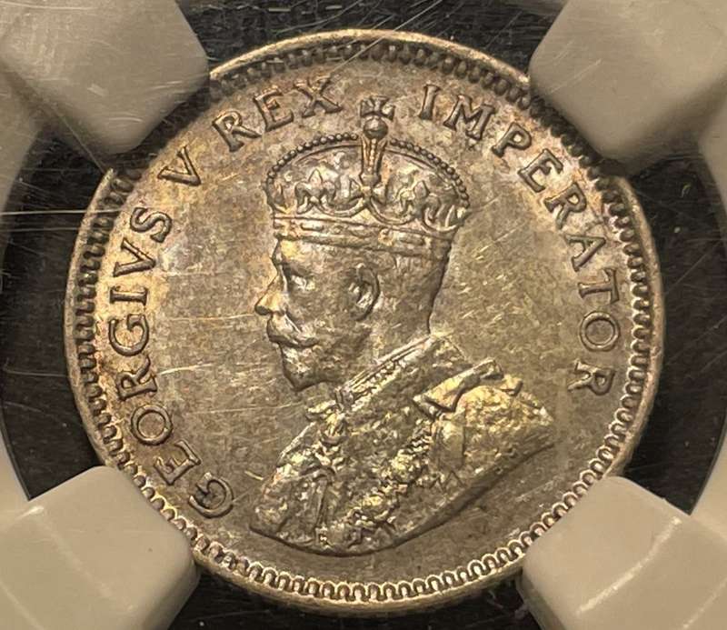 Scarce 1927 SA Union silver 6 pence coin - Graded AU58 by NGC - Rainbow toning - Higher value