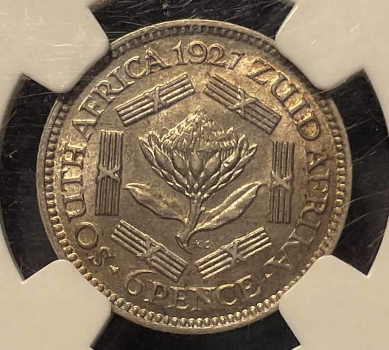 Scarce 1927 SA Union silver 6 pence coin - Graded AU58 by NGC - Rainbow toning - Higher value