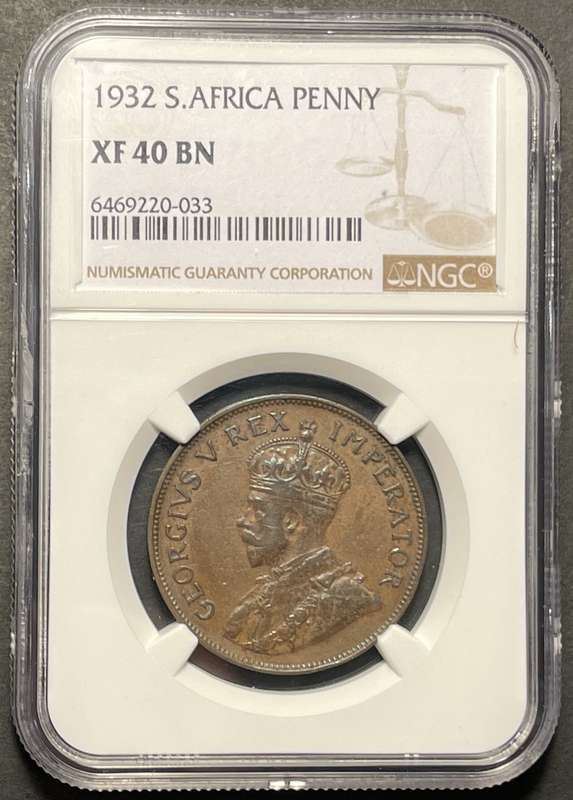 Rare 1932 SA Union 1 penny coin graded XF40 by NGC - The hardest date to find in high grades