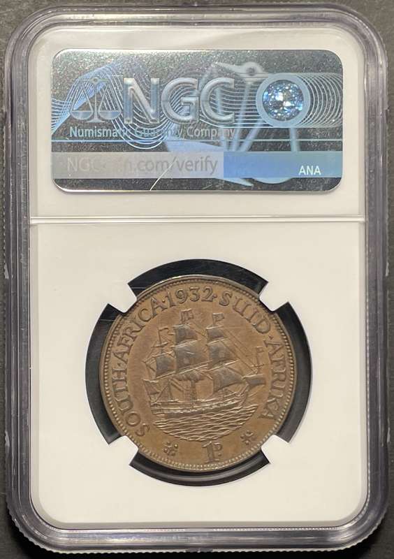 Rare 1932 SA Union 1 penny coin graded XF40 by NGC - The hardest date to find in high grades