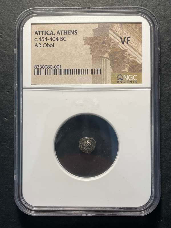 404 BC Ancient Athens Silver Obol (1/6 drachm) coin - Athena and Owl - Very rare and Graded by NGC!