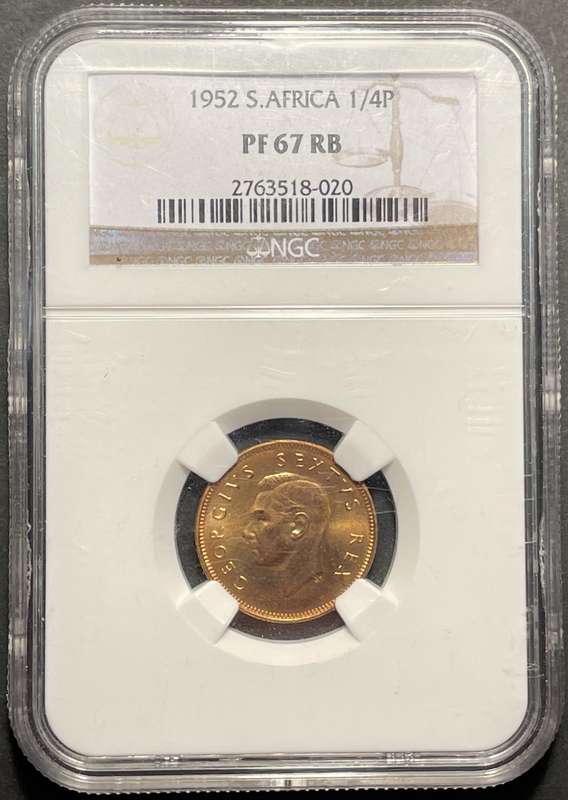 Beautiful 1952 S.A. Union 1/4 penny coin graded PF67RB by NGC - Only 2 coins graded higher at NGC